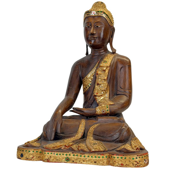 Antique Burmese Mandalay Wooden Buddha – Bhumisparsha – c. – Sculpture, Glass (photo 20 of 23)