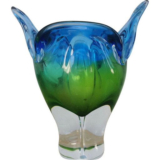 Vase vintage en verre dégradé bleu et vert de Murano, 1970