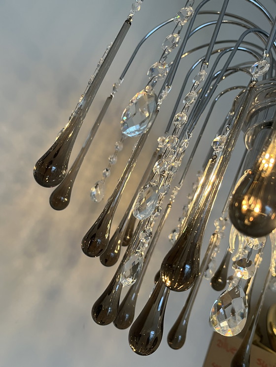 Image 1 of Lampadario a goccia XXL di design con gocce di cristallo e struttura cromata, italiano