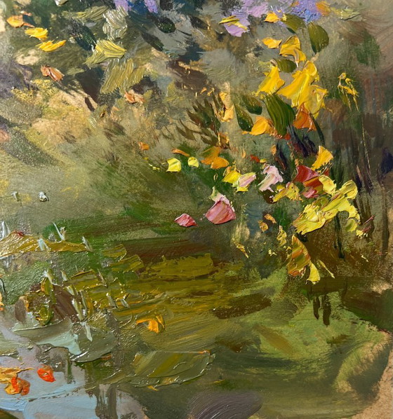 Image 1 of Peinture à l'huile originale Paysage de route d'été Un chemin à travers le silence de la forêt