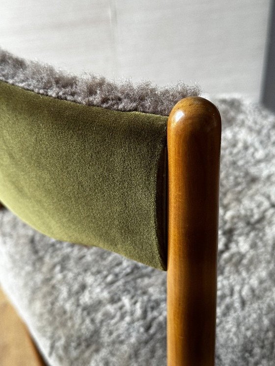 Image 1 of 2 x Luxury Reupholstered Ottens & Arndt Chairs - Natural Sheepskin & Green Velvet.