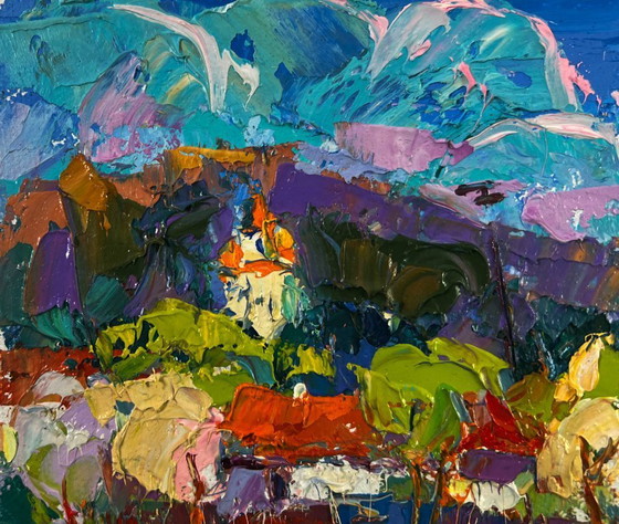 Image 1 of Original Oil Painting Summer Village Landscape Quiet fields under the open sky