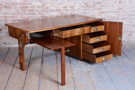 Restored Art Deco Writing Desk, By UP Závody, Walnut, Repolished, Czech, 1930s – Metal, Wood (photo 5 of 19)