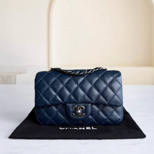 Chanel Classic Flap Mini Rectangle - Caviar 20CM Gewatteerd Donkerblauw Ruthenium Zilverkleurige Hardware Serie 23
