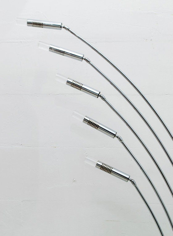 Image 1 of Midcentury Italian Arched Floor Lamp 5 Lights Chrome Metal and Lucite, 1960s