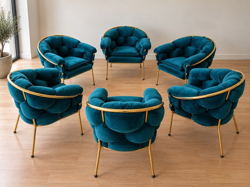Lot de 6 chaises design de luxe | Velours turquoise et or