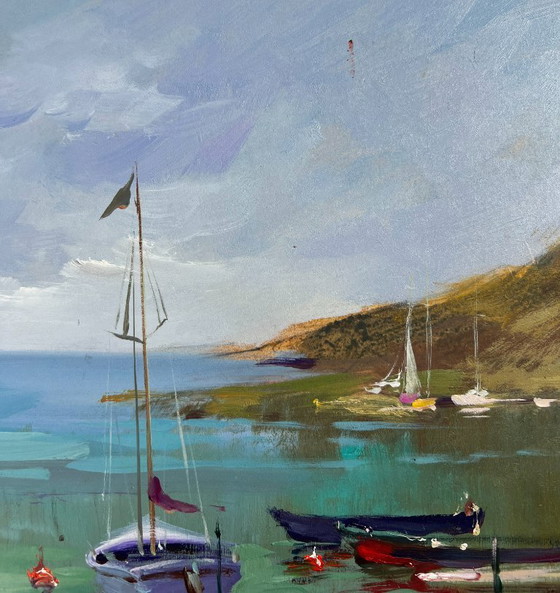 Image 1 of Original Oil Painting Sea Coastal Landscape Harbor at the foot of the hills