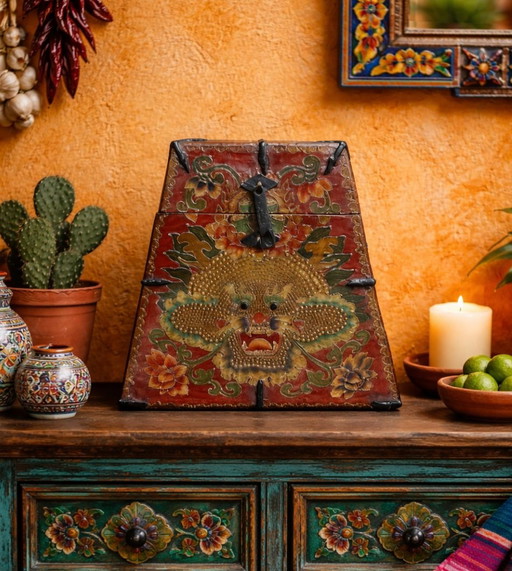 Unusual Tibetan Buddhist wooden pyramid chest