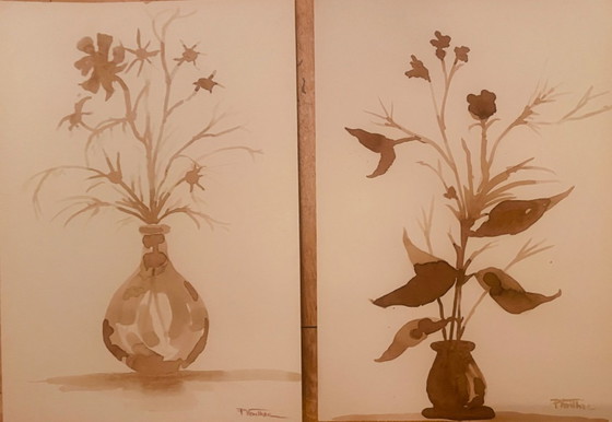 Image 1 of Set of 3 still life paintings with vases of dried flowers, Wabi Sabi style