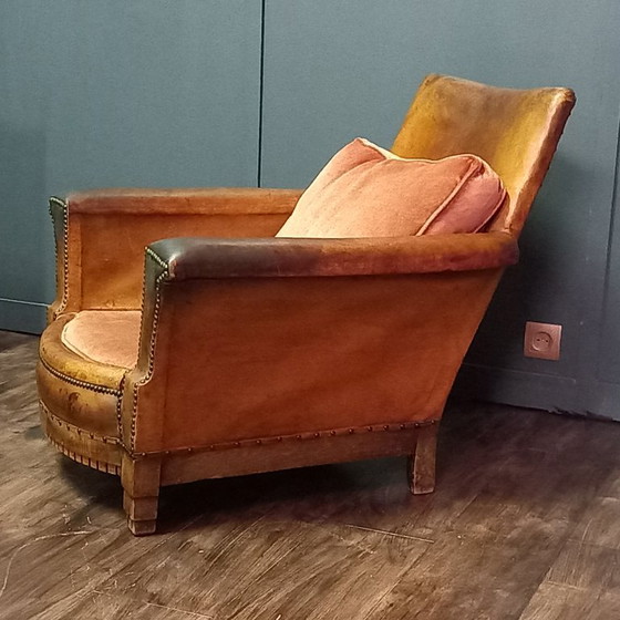 Fauteuil en cuir français – Art déco avec façade rectangulaire – Leather, Wood (photo 3 of 14)