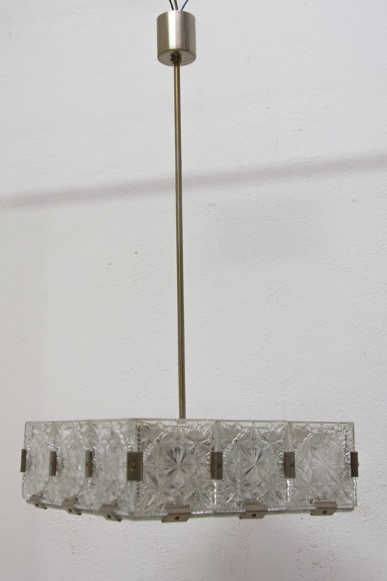 Image 1 of Mid Century Pendant Lamp Glass & Chromed Steel Kamenický Šenov 1970s Czechoslovakia
