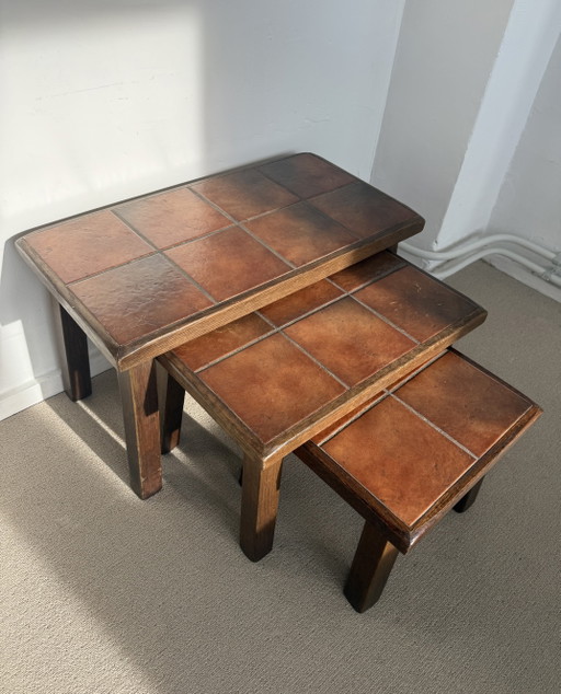 Vintage set of 3 ceramic tile tables – retro design – 1970s – bijzettafels, Wood, Stone