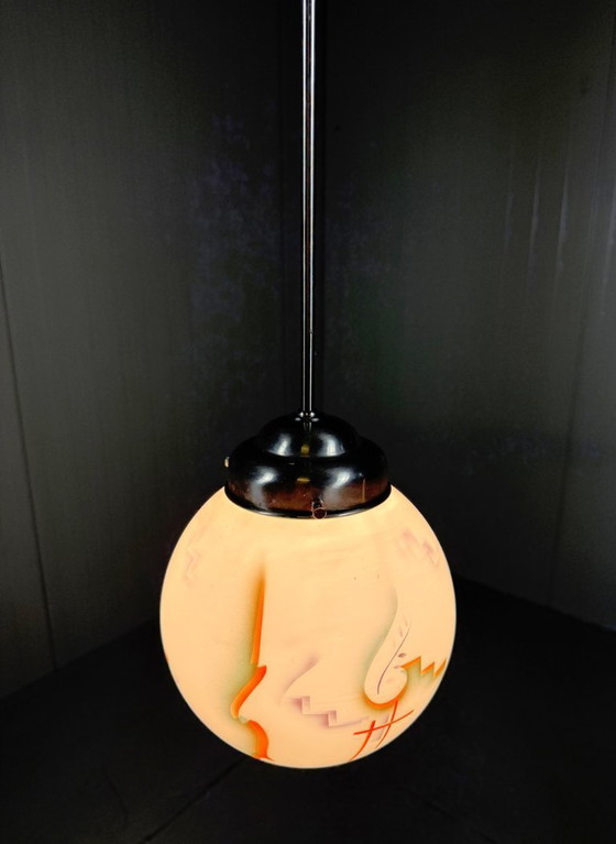 Image 1 of Art-Deco-Pendelleuchte aus Buntglas