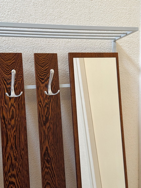 Image 1 of Vintage Retro Wooden Coat Rack with 24 Hooks, Mirror and Storage