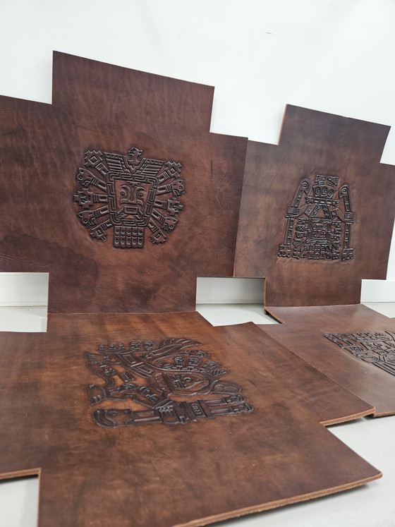 Image 1 of Set van 4 Vintage Leren Wandpanelen/Meubelinzetten Stijl Angel Pazmino 