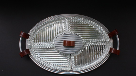Image 1 of Decorative cabaret, pressed glass serving dishes on a mirrored tray, Art Deco