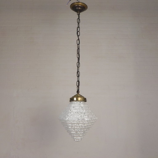 Art Deco hanglamp met 6-hoekige getrapt glazen kap, jaren 30