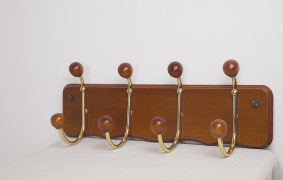MCM Portemanteau en Bois Crochets Doubles en Laiton Mid Century Vintage Patère Murale Organisateur d'Entrée (photo 3 of 10)