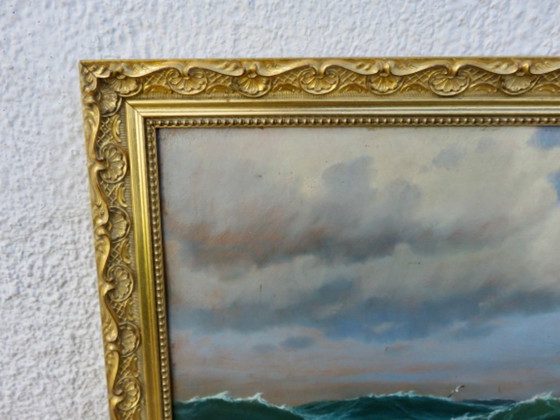 Image 1 of Dipinto incorniciato raffigurante un oceano molto agitato 45 cm x 76 cm