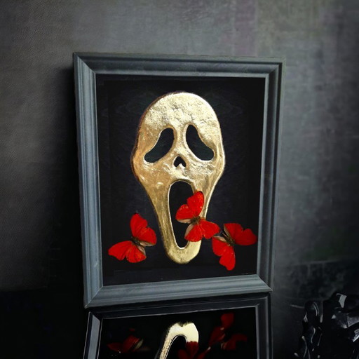 Véritables papillons sur or 23 carats Masque Scream taxidermie œuvre d'art dans un cadre