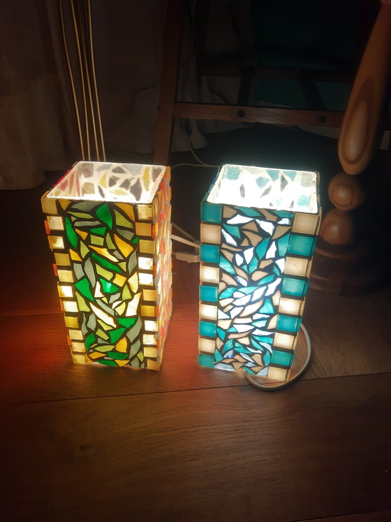 Zeldzame set handgemaakte vintage mozaïek glazen glazen lampen tafellampen vloerlampen in sfeervolle – Retro (photo 5 of 15)