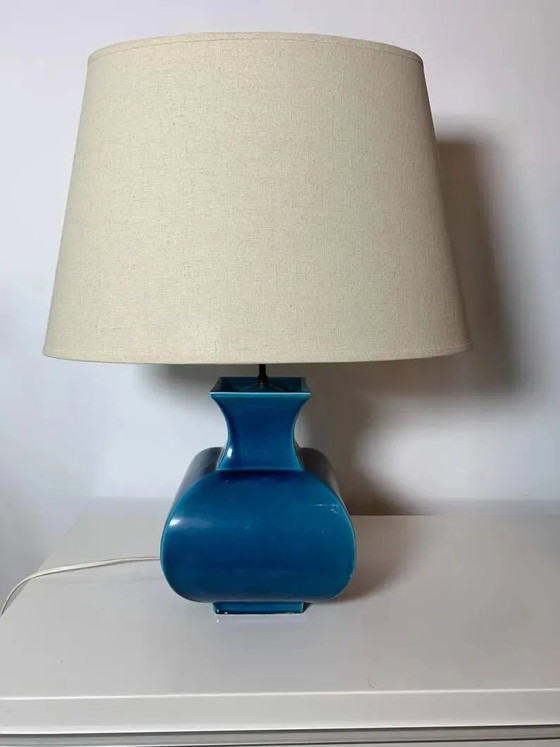 Vintage ceramic lamp Molin Charolles glazed turquoise blue - French 1970s, Table lamps, Porcelain (photo 7 of 8)