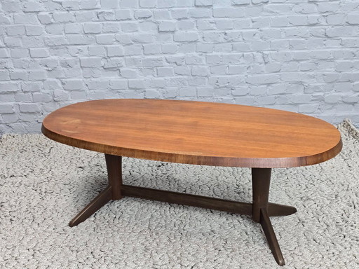 Mid-Century Danish Modern Design Oval Teak Coffee Table with Sculptural Pedestal Base, 1960s.