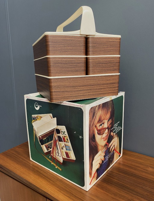 1970s plastic brown sewing box in original box