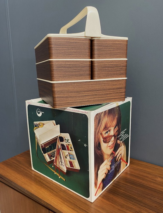 Image 1 of 1970s plastic brown sewing box in original box