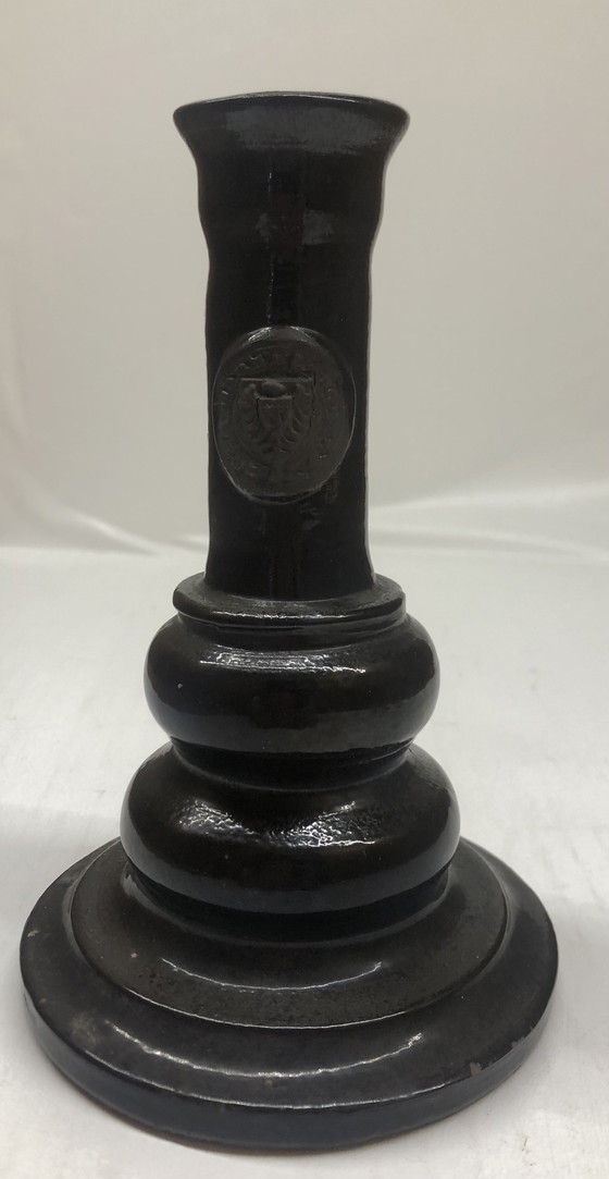 Image 1 of Vintage Black Ceramic Candle Holder Signed AP