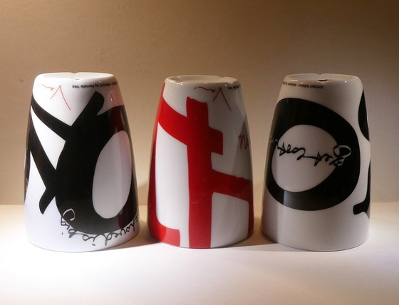 Image 1 of 3 Menu thermal mugs, design by Pernille Vea, Love series, 2 x black, 1 x red, Denmark 2000s