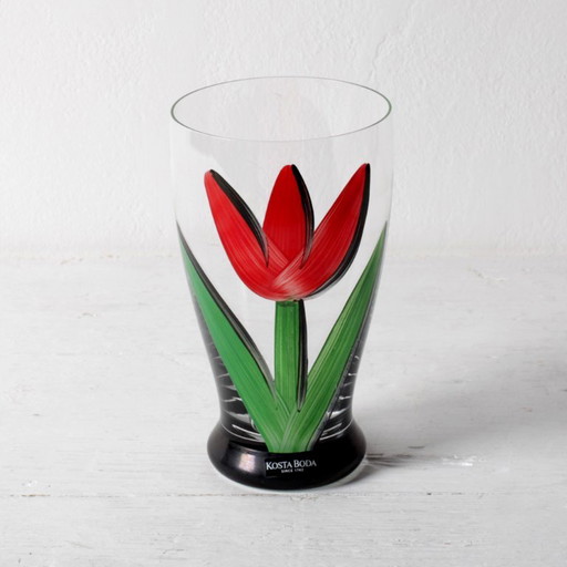 Tulp Kristalglas / Rode Tulp Bloem Waterglas Kosta Boda door Ulrica Hydman Vallien / Zweden / 1991