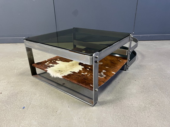 Image 1 of Tavolino da caffè in acciaio e cuoio di Willy Rizzo, anni '70