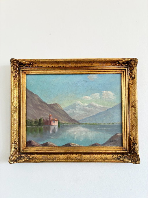 Vintage signiertes Bergsee-Landschaftsölgemälde