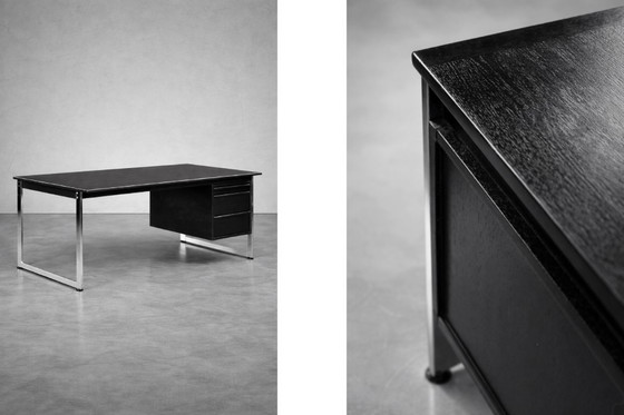 Image 1 of Vintage Mid-Century Danish Modern Minimalist Black Oak Desk with Chrome Base, 1970s