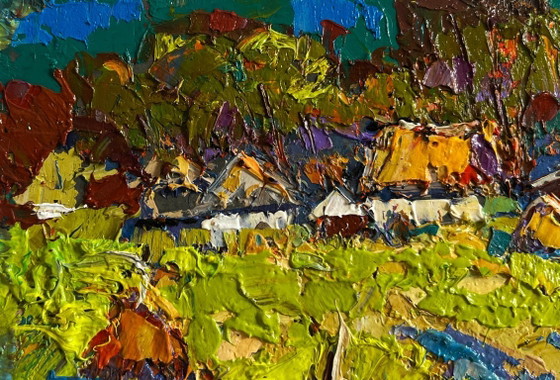 Image 1 of Original Oil Painting Summer Field Landscape Sunny day in the village