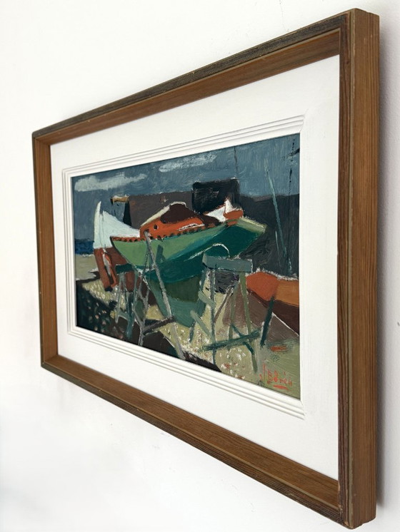 Image 1 of Scène portuaire moderniste du milieu du siècle « Bateau débarqué », huile sur toile de John Börén (1903-1983)