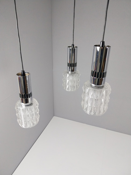 Image 1 of Vintage Hanglamp met 3 Lichtpunten (Chroom + Glas), Jaren 70