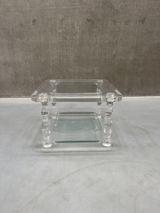 Table basse vintage en Lucite et verre – Design français des années 1970