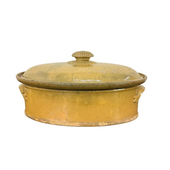 Antica terrina ovale francese in terracotta con coperchio, Accessori da cucina, Ceramica, Giallo, Rustic (foto 4 di 8)