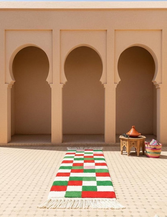 Image 1 of Christmas Moroccan Runner Rug – Red and Green Checkered Wool Hallway Runner, Handmade Berber Rug, Holiday Moroccan Decor, Cozy 