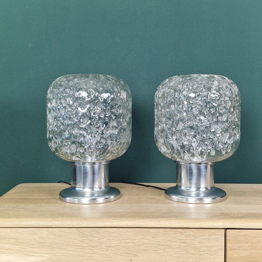 Set of two vintage table lamps by Doria Leuchten. Glass and metal. Retro/Space Age. Germany, 1960s/1970s.