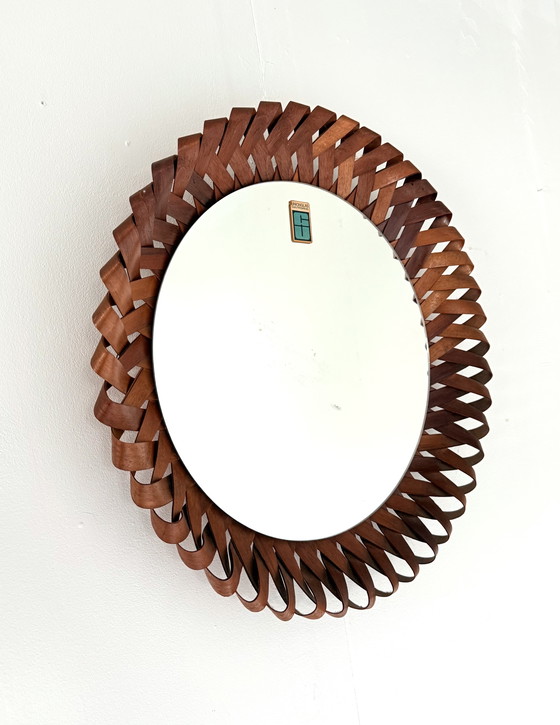 Image 1 of Vintage gevlochten teakhouten wandspiegel ‘60