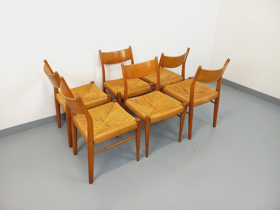 Image 1 of Suite de 6 chaises vintage italiennes en teck et corde danoise Gessef Consorzio Sedie Friuli
