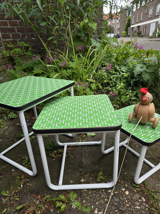 Image 1 of set of 3 vintage side tables green with sixties seventies pattern retro
