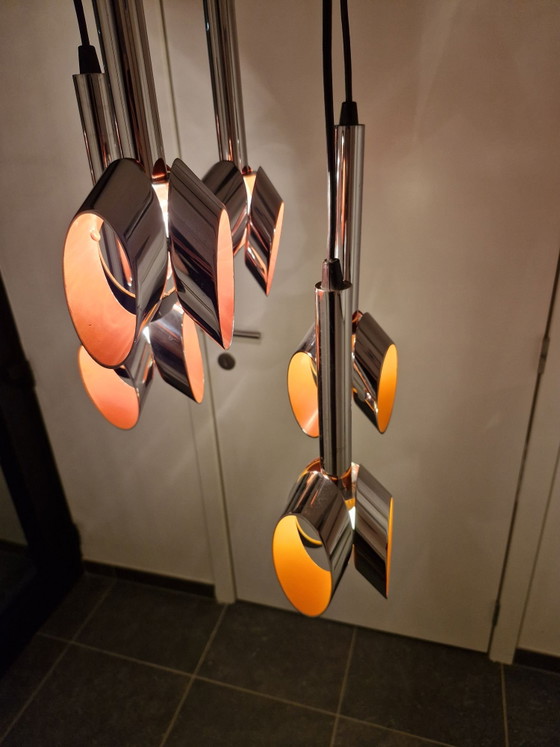 Massive Space Age cascade pendant lamp, chrome and orange, 5 light points, Metal, Silver (photo 3 of 15)