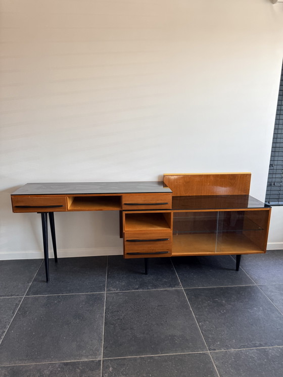 Vintage Mid-Century Desk With Sideboard Závody Bučovice – Glass, Wood (photo 2 of 8)