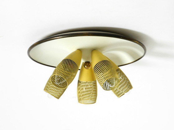 Image 1 of Very rare 5-arm mid-century modern metal bag ceiling lamp with round white reflector