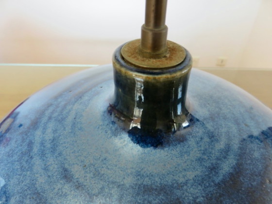 Image 1 of Impressive lamp in iridescent blue ceramic with green gradients, France, circa 1960