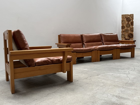 Image 1 of MODULAIRE STOEL SOFA SER PIEF HOUT MASSIEF COGNAC LEATHER IN KARIN MOBRING STIJL, SCANDINAVIA 1970